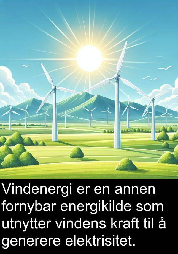 annen: Vindenergi er en annen fornybar energikilde som utnytter vindens kraft til å generere elektrisitet.