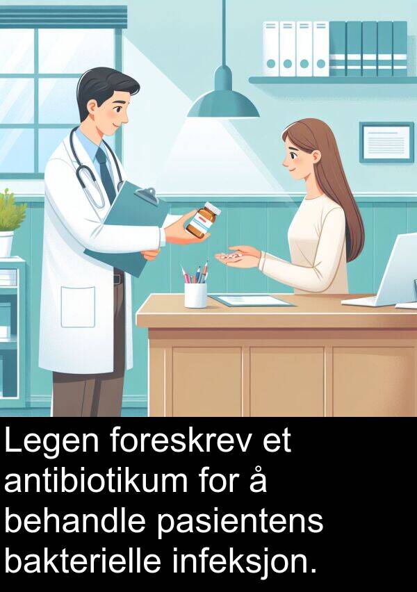 bakterielle: Legen foreskrev et antibiotikum for å behandle pasientens bakterielle infeksjon.