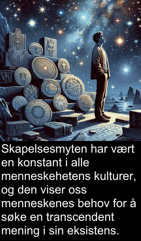 menneskehetens: Skapelsesmyten har vært en konstant i alle menneskehetens kulturer, og den viser oss menneskenes behov for å søke en transcendent mening i sin eksistens.
