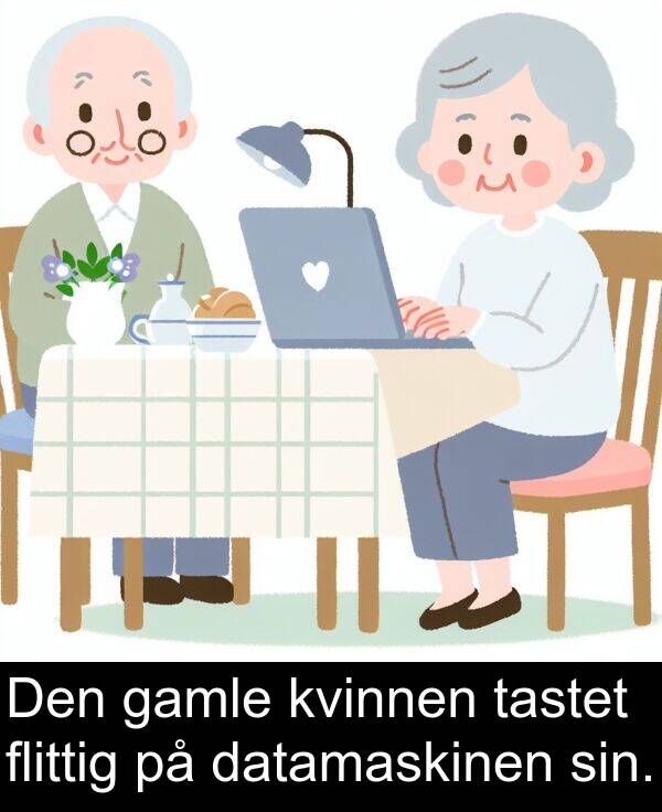 flittig: Den gamle kvinnen tastet flittig på datamaskinen sin.