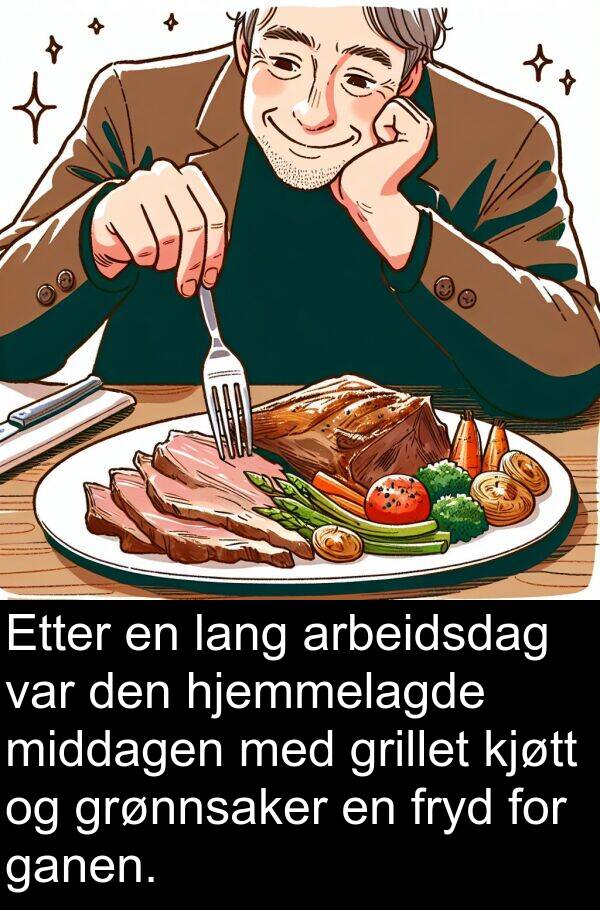 hjemmelagde: Etter en lang arbeidsdag var den hjemmelagde middagen med grillet kjøtt og grønnsaker en fryd for ganen.