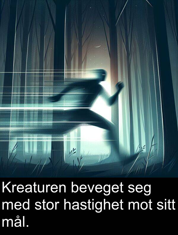 beveget: Kreaturen beveget seg med stor hastighet mot sitt mål.