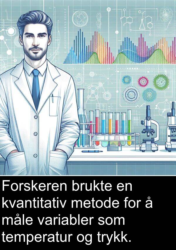 måle: Forskeren brukte en kvantitativ metode for å måle variabler som temperatur og trykk.