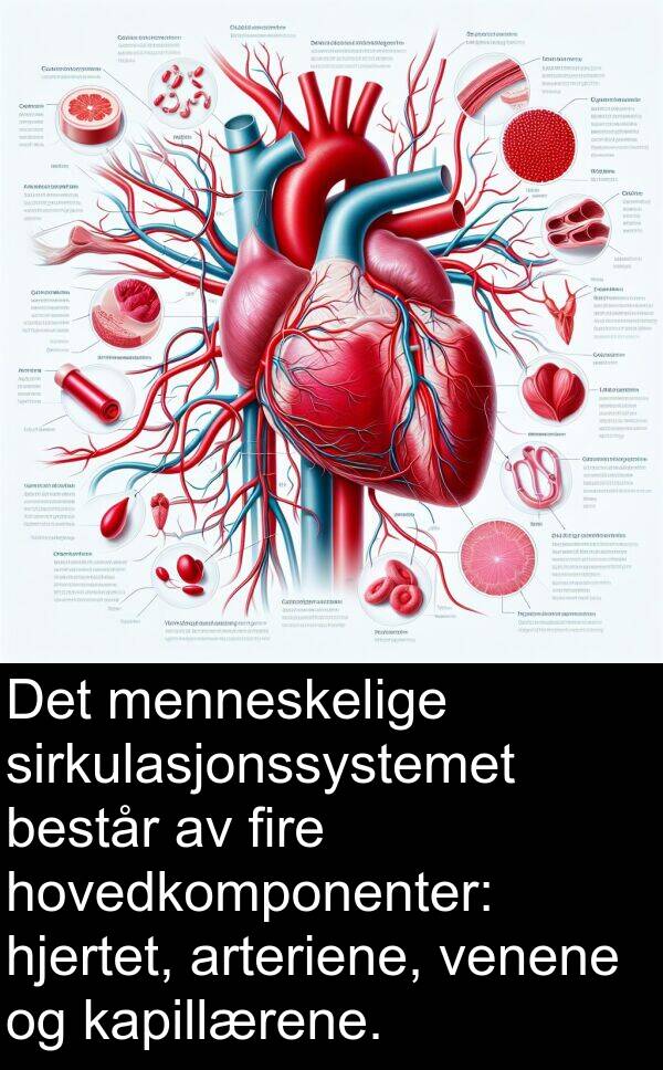fire: Det menneskelige sirkulasjonssystemet består av fire hovedkomponenter: hjertet, arteriene, venene og kapillærene.