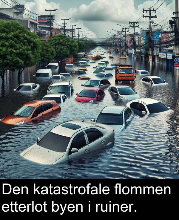etterlot: Den katastrofale flommen etterlot byen i ruiner.