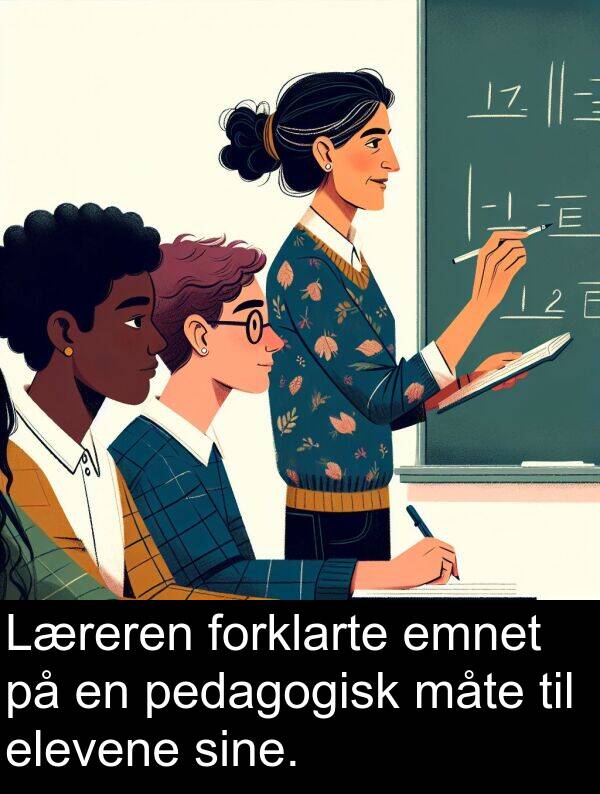 måte: Læreren forklarte emnet på en pedagogisk måte til elevene sine.