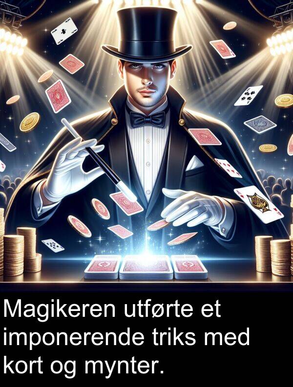 utførte: Magikeren utførte et imponerende triks med kort og mynter.