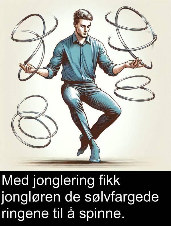 fikk: Med jonglering fikk jongløren de sølvfargede ringene til å spinne.