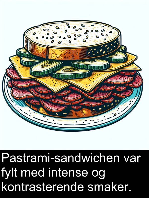 smaker: Pastrami-sandwichen var fylt med intense og kontrasterende smaker.