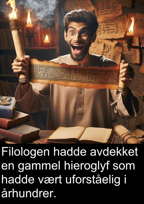 gammel: Filologen hadde avdekket en gammel hieroglyf som hadde vært uforståelig i århundrer.