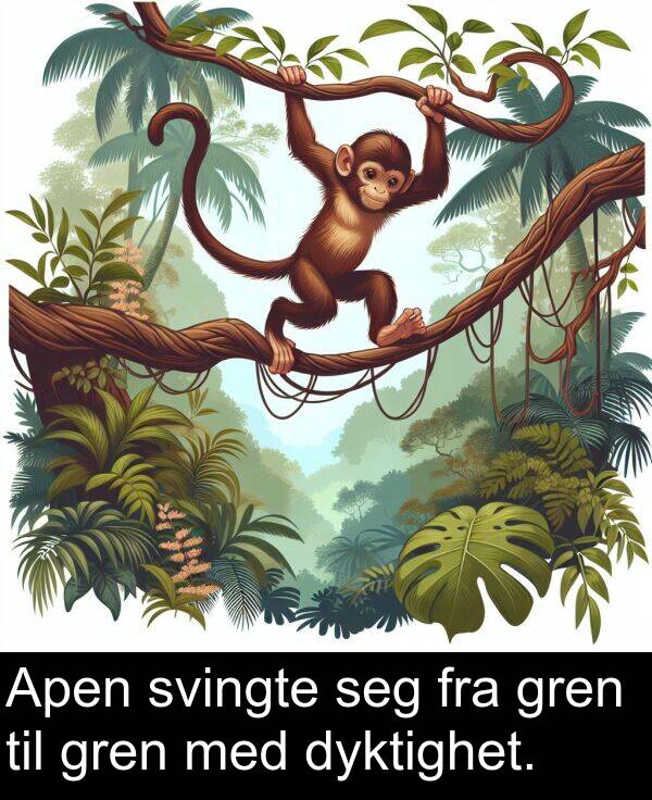svingte: Apen svingte seg fra gren til gren med dyktighet.