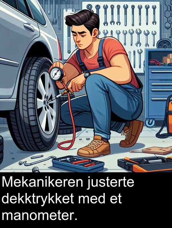 manometer: Mekanikeren justerte dekktrykket med et manometer.