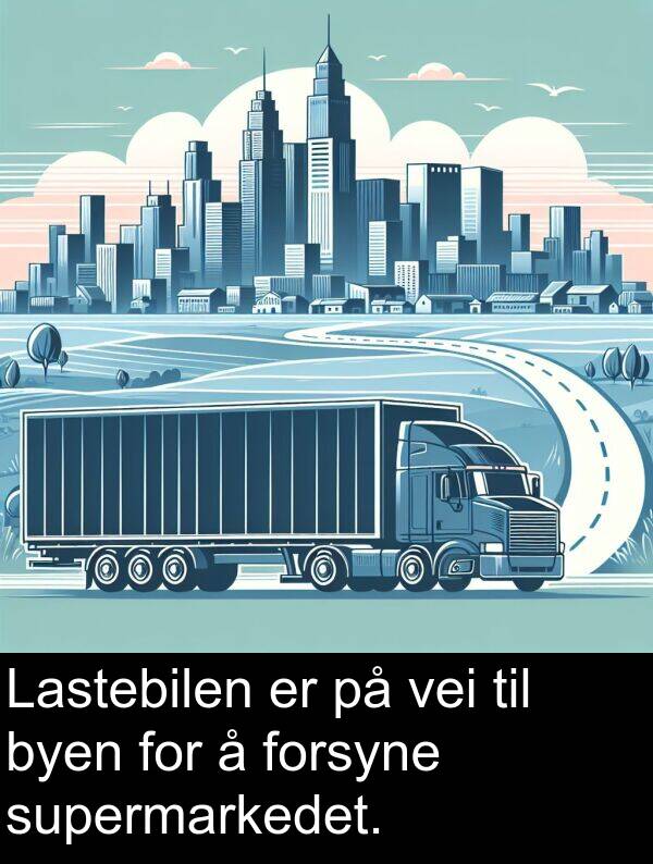 forsyne: Lastebilen er på vei til byen for å forsyne supermarkedet.