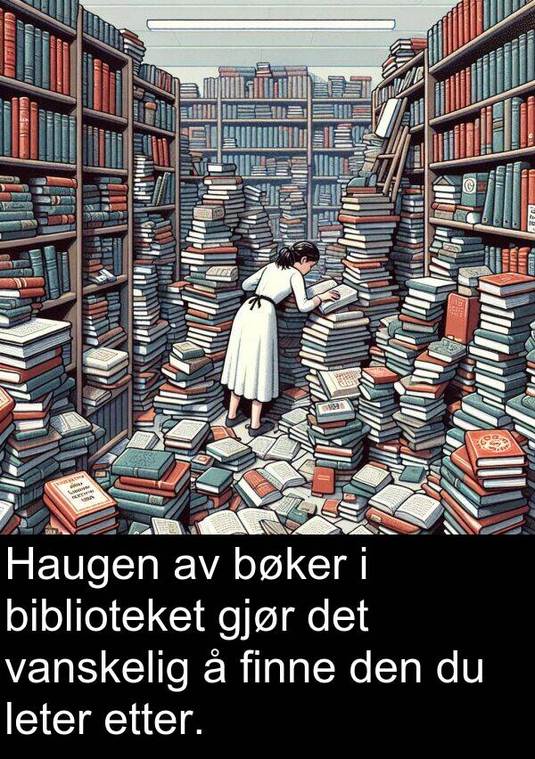 finne: Haugen av bøker i biblioteket gjør det vanskelig å finne den du leter etter.