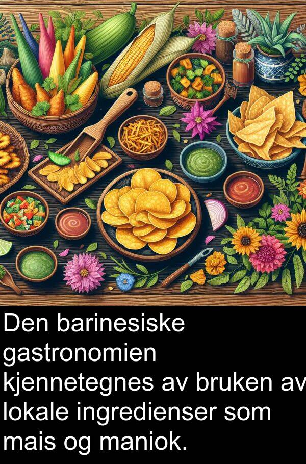 kjennetegnes: Den barinesiske gastronomien kjennetegnes av bruken av lokale ingredienser som mais og maniok.