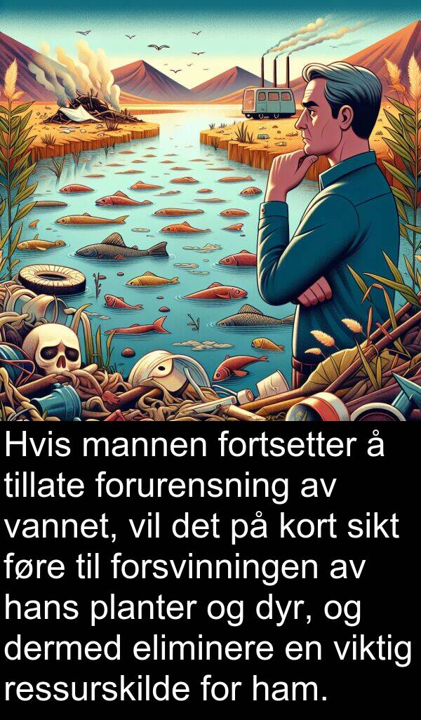 planter: Hvis mannen fortsetter å tillate forurensning av vannet, vil det på kort sikt føre til forsvinningen av hans planter og dyr, og dermed eliminere en viktig ressurskilde for ham.