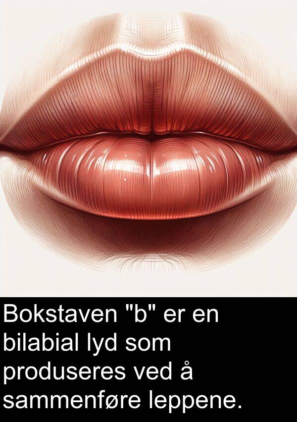 sammenføre: Bokstaven "b" er en bilabial lyd som produseres ved å sammenføre leppene.