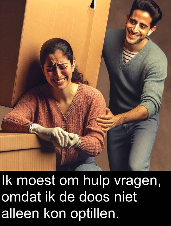 doos: Ik moest om hulp vragen, omdat ik de doos niet alleen kon optillen.
