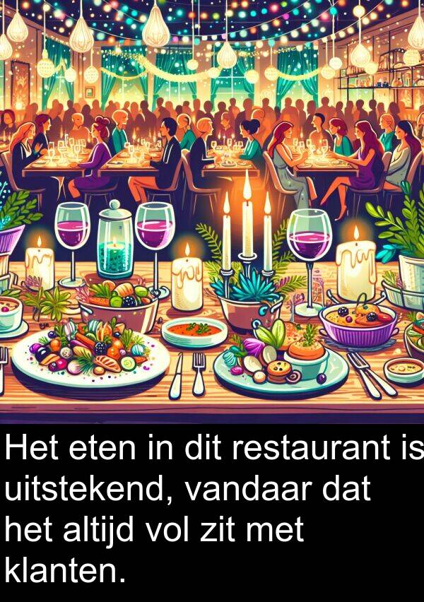 zit: Het eten in dit restaurant is uitstekend, vandaar dat het altijd vol zit met klanten.
