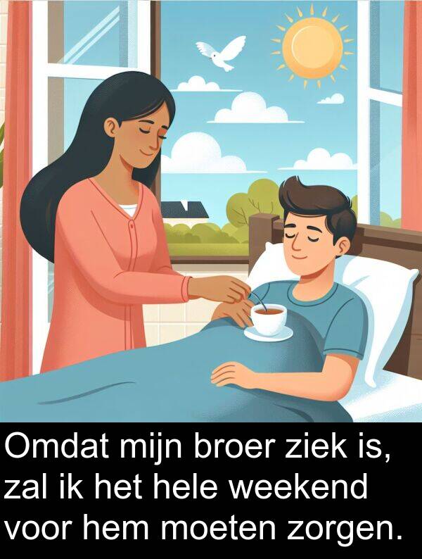 zal: Omdat mijn broer ziek is, zal ik het hele weekend voor hem moeten zorgen.