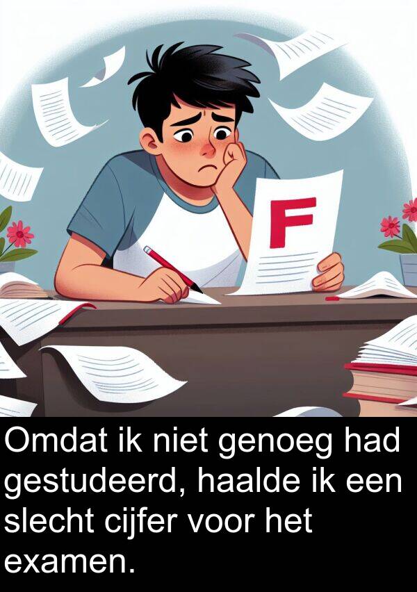 slecht: Omdat ik niet genoeg had gestudeerd, haalde ik een slecht cijfer voor het examen.