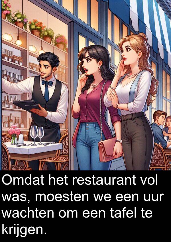 wachten: Omdat het restaurant vol was, moesten we een uur wachten om een tafel te krijgen.