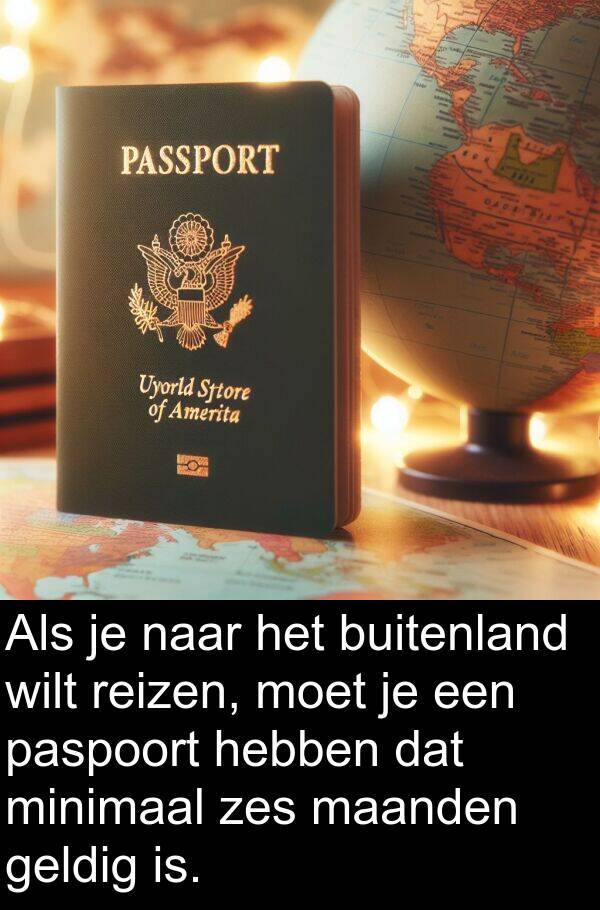 geldig: Als je naar het buitenland wilt reizen, moet je een paspoort hebben dat minimaal zes maanden geldig is.