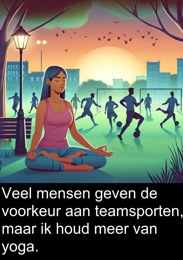 geven: Veel mensen geven de voorkeur aan teamsporten, maar ik houd meer van yoga.