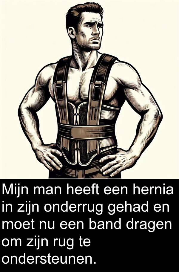 dragen: Mijn man heeft een hernia in zijn onderrug gehad en moet nu een band dragen om zijn rug te ondersteunen.