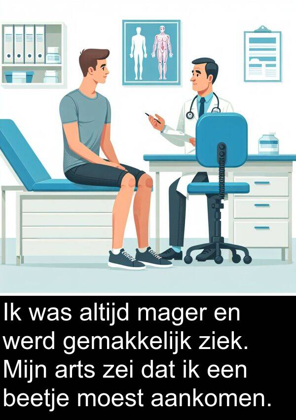 zei: Ik was altijd mager en werd gemakkelijk ziek. Mijn arts zei dat ik een beetje moest aankomen.