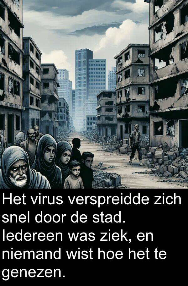 snel: Het virus verspreidde zich snel door de stad. Iedereen was ziek, en niemand wist hoe het te genezen.