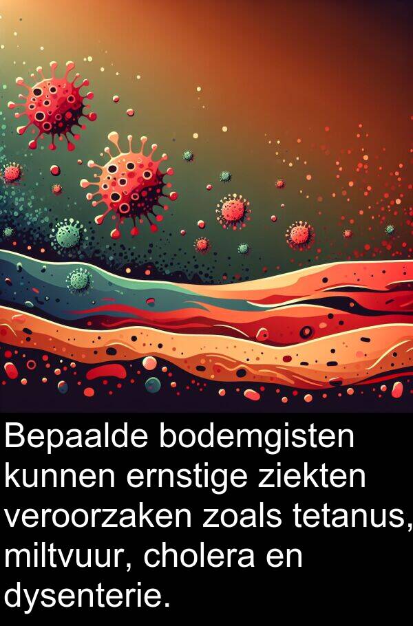 dysenterie: Bepaalde bodemgisten kunnen ernstige ziekten veroorzaken zoals tetanus, miltvuur, cholera en dysenterie.