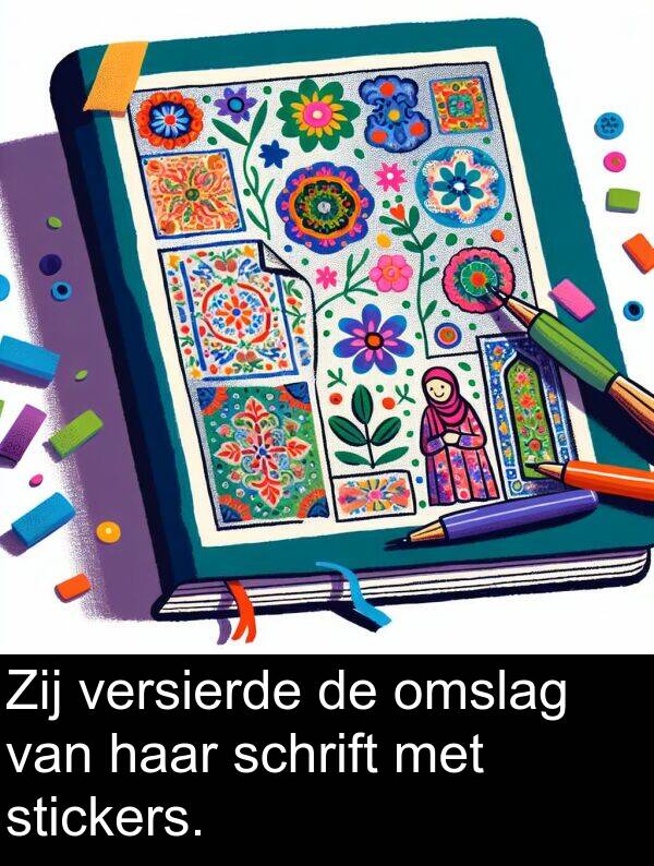 schrift: Zij versierde de omslag van haar schrift met stickers.