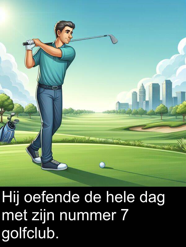 golfclub: Hij oefende de hele dag met zijn nummer 7 golfclub.