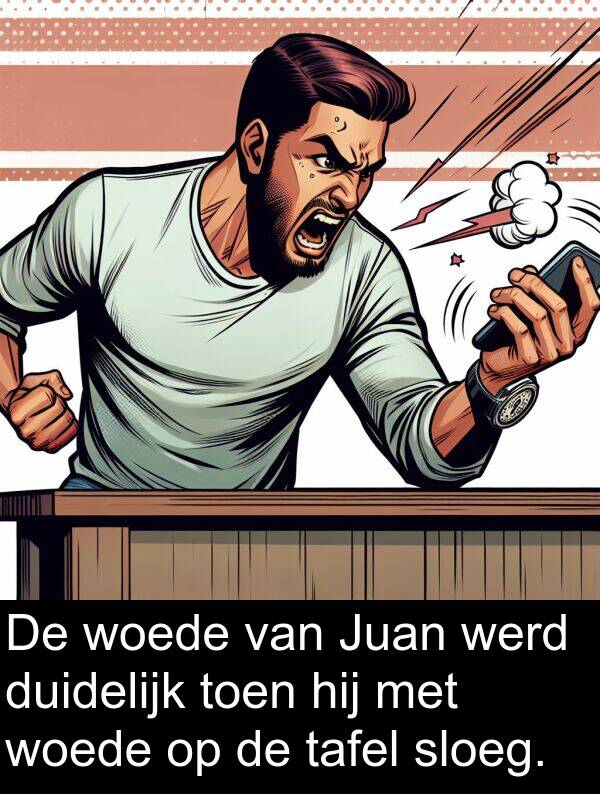 duidelijk: De woede van Juan werd duidelijk toen hij met woede op de tafel sloeg.
