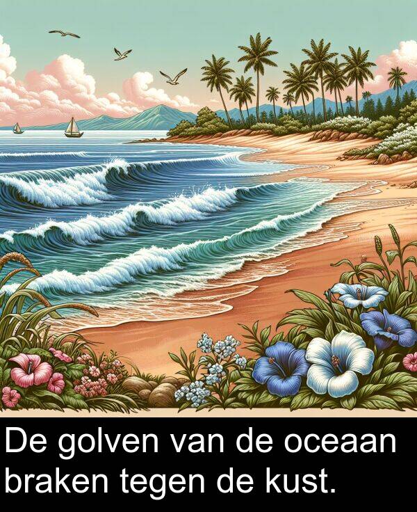 golven: De golven van de oceaan braken tegen de kust.