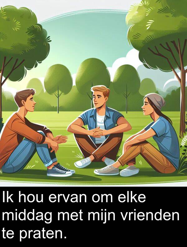 praten: Ik hou ervan om elke middag met mijn vrienden te praten.