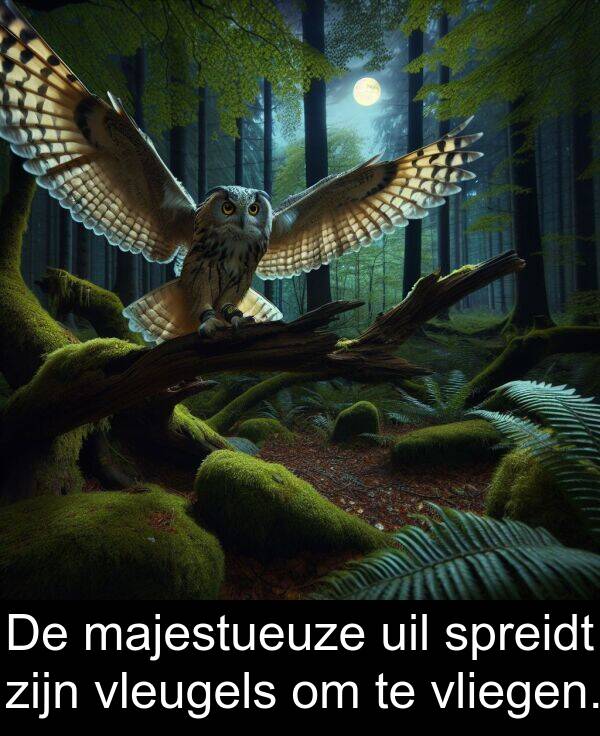spreidt: De majestueuze uil spreidt zijn vleugels om te vliegen.