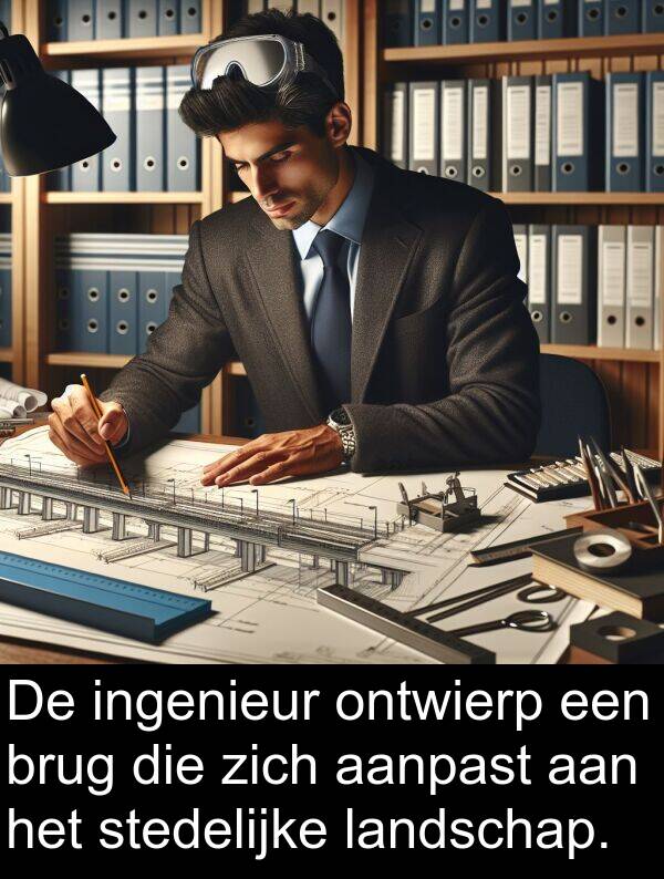ontwierp: De ingenieur ontwierp een brug die zich aanpast aan het stedelijke landschap.