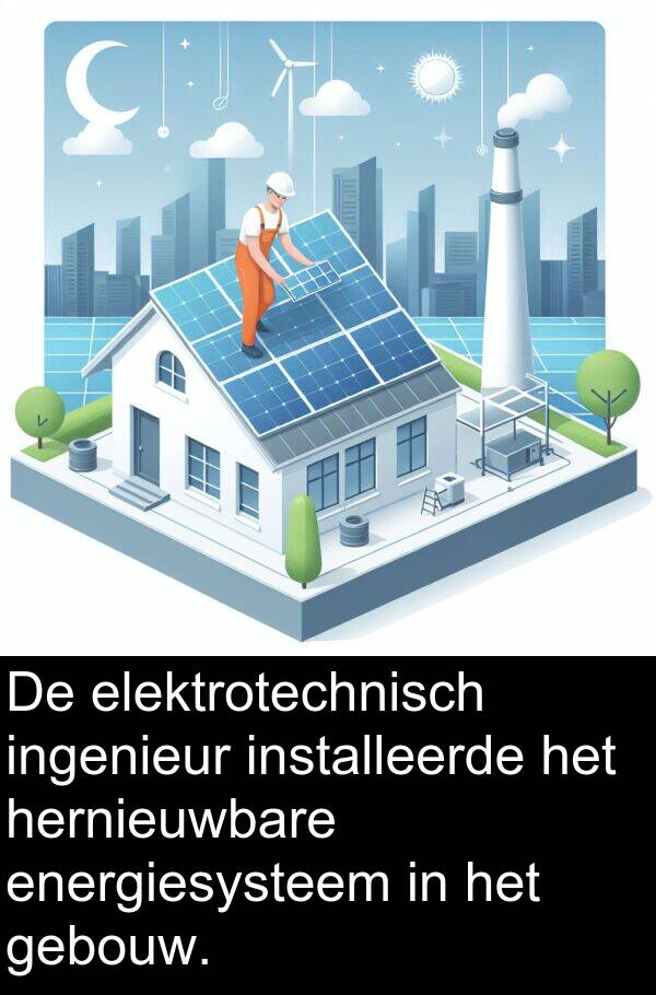 installeerde: De elektrotechnisch ingenieur installeerde het hernieuwbare energiesysteem in het gebouw.
