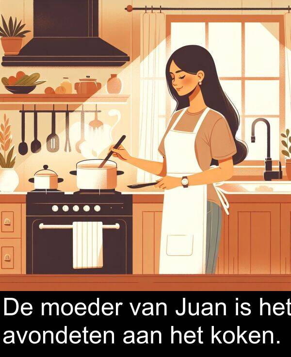 moeder: De moeder van Juan is het avondeten aan het koken.