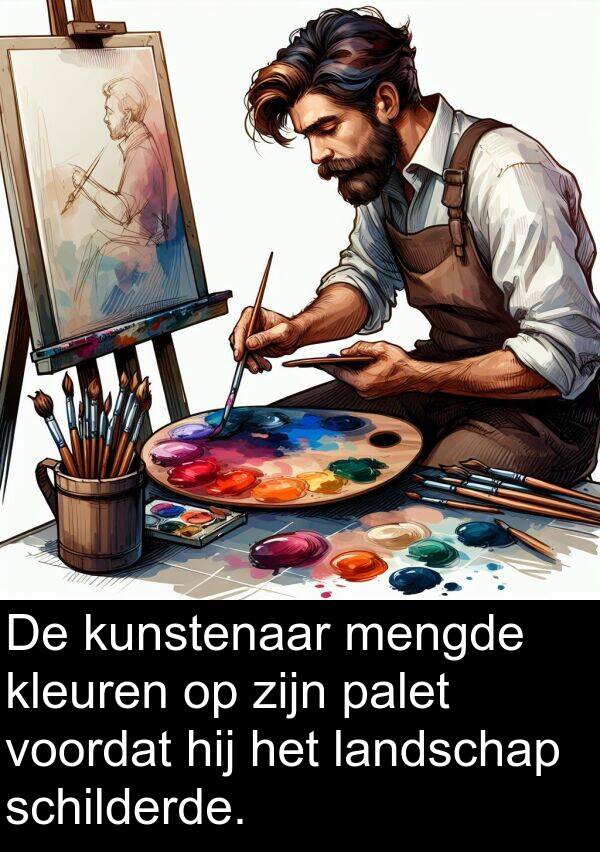palet: De kunstenaar mengde kleuren op zijn palet voordat hij het landschap schilderde.