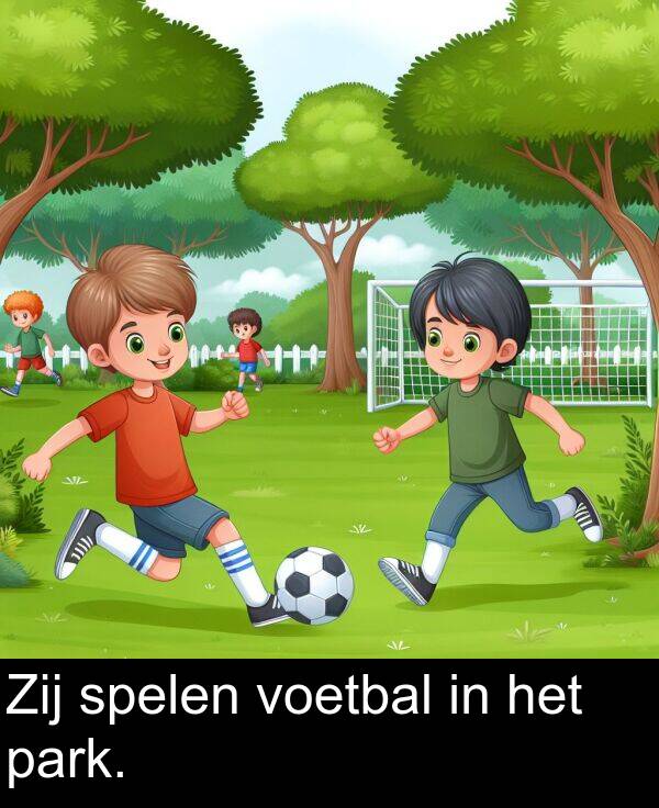 spelen: Zij spelen voetbal in het park.