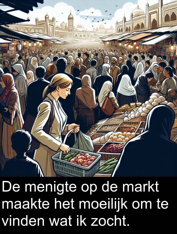 vinden: De menigte op de markt maakte het moeilijk om te vinden wat ik zocht.