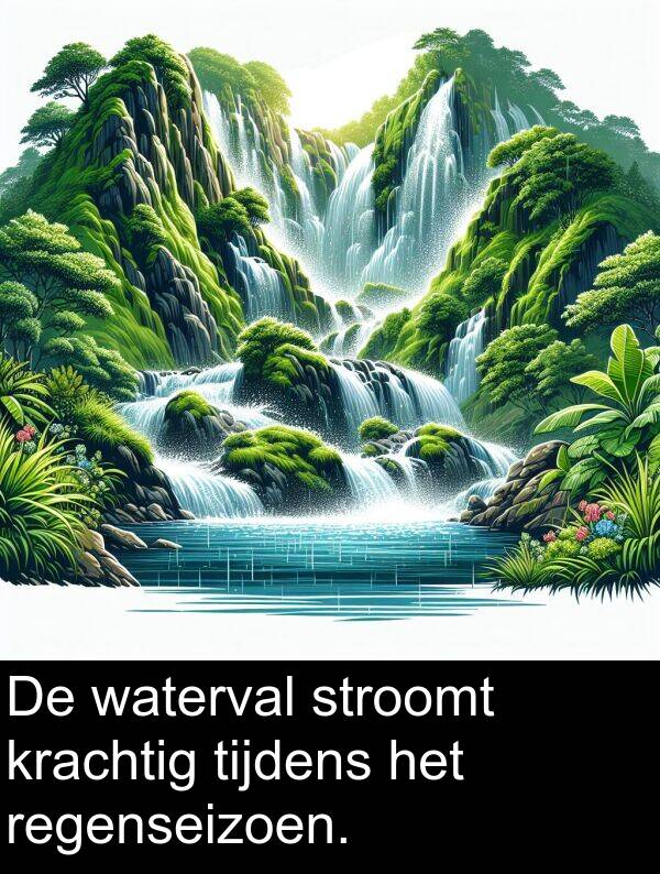 tijdens: De waterval stroomt krachtig tijdens het regenseizoen.