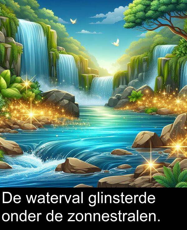 glinsterde: De waterval glinsterde onder de zonnestralen.