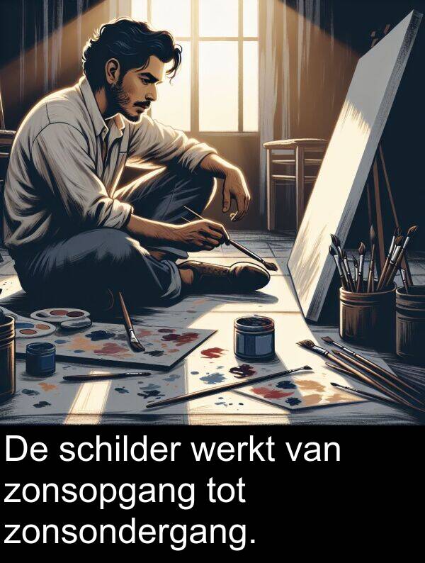 zonsopgang: De schilder werkt van zonsopgang tot zonsondergang.