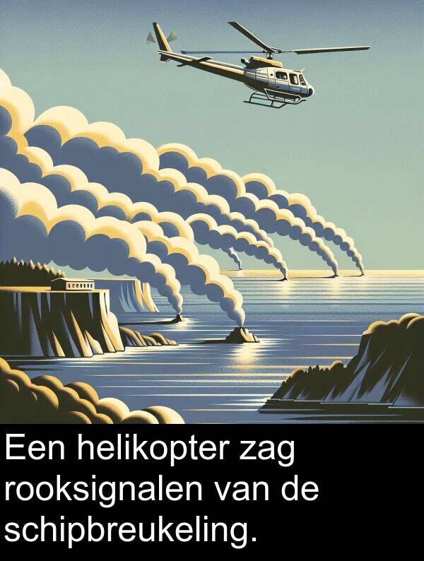 zag: Een helikopter zag rooksignalen van de schipbreukeling.