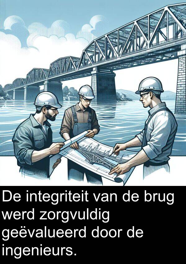 zorgvuldig: De integriteit van de brug werd zorgvuldig geëvalueerd door de ingenieurs.