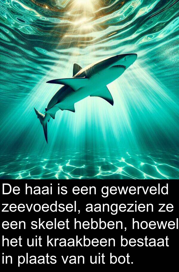 gewerveld: De haai is een gewerveld zeevoedsel, aangezien ze een skelet hebben, hoewel het uit kraakbeen bestaat in plaats van uit bot.